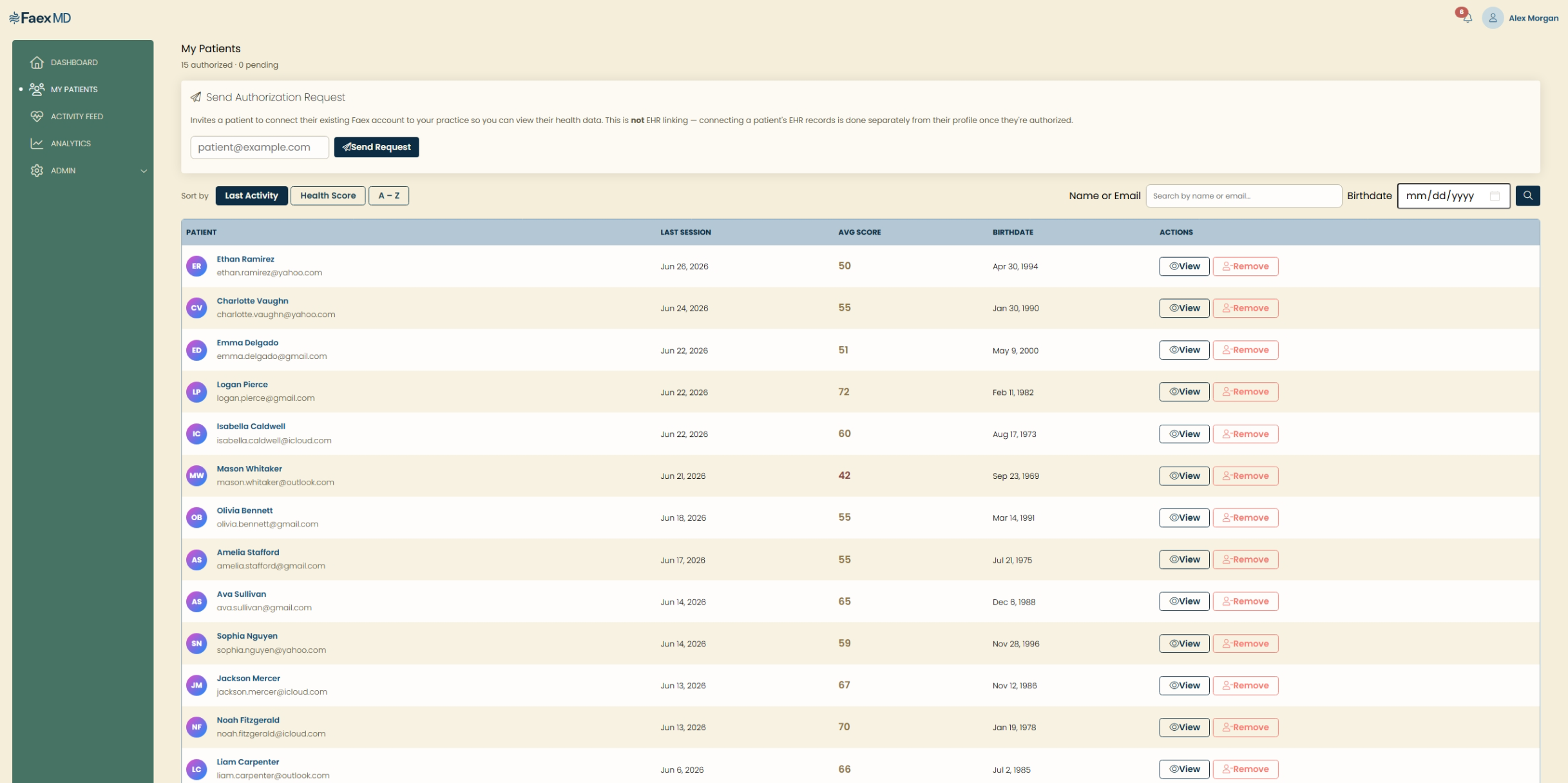 Faex MD patient population overview showing authorized patients, recent sessions, and average health scores