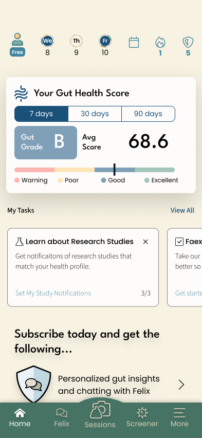 Faex user app showing a gut health score and daily monitoring summary