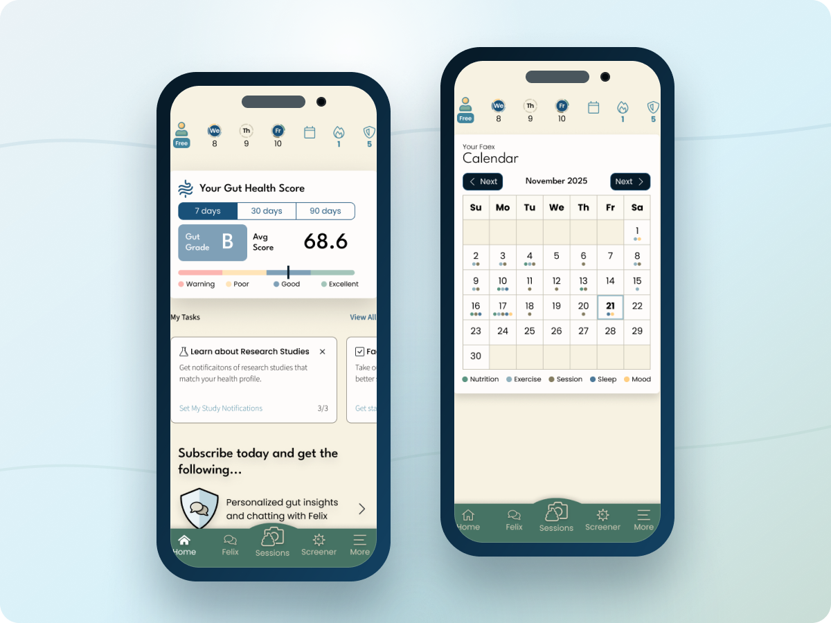 Two Faex user monitoring app screens shown inside matched phone devices, with a gut health score and longitudinal calendar view